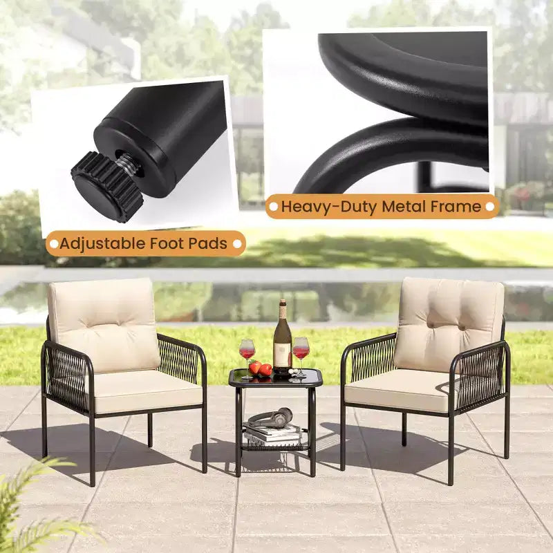 Costway 3 PCS Patio Bistro Set with Tempered Glass Table Chairs Back and Seat Cushions