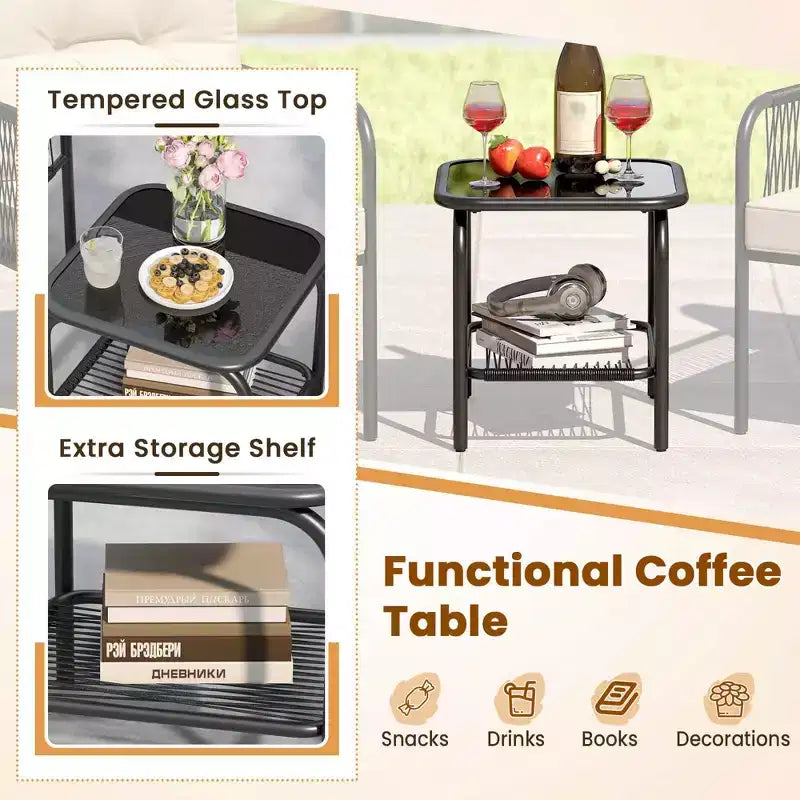 Costway 3 PCS Patio Bistro Set with Tempered Glass Table Chairs Back and Seat Cushions