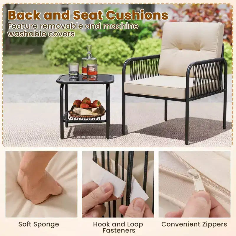 Costway 3 PCS Patio Bistro Set with Tempered Glass Table Chairs Back and Seat Cushions