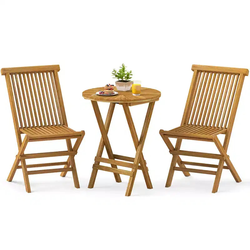 Costway 3 PCS Folding Patio Bistro Set Teak Wood Round Table and Chairs Furniture Set