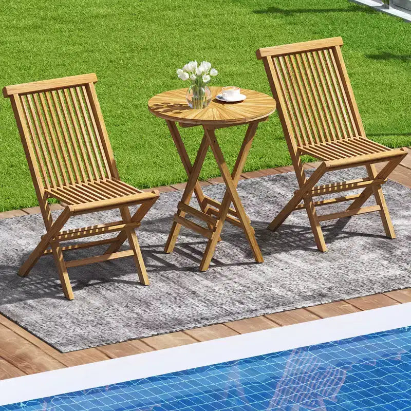 Costway 3 PCS Folding Patio Bistro Set Teak Wood Round Table and Chairs Furniture Set