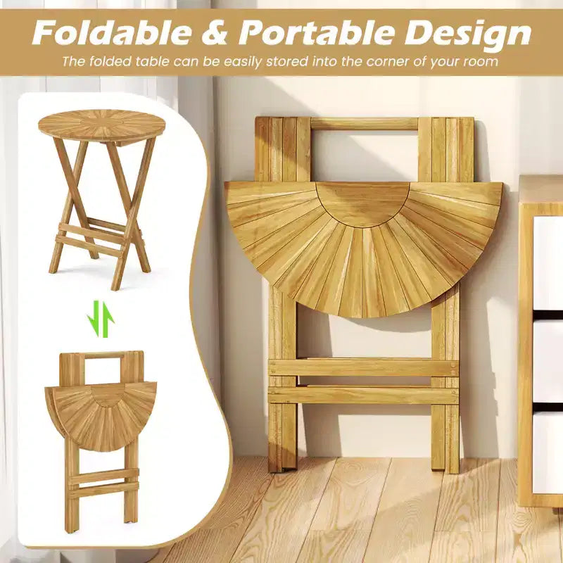 Costway 3 PCS Folding Patio Bistro Set Teak Wood Round Table and Chairs Furniture Set