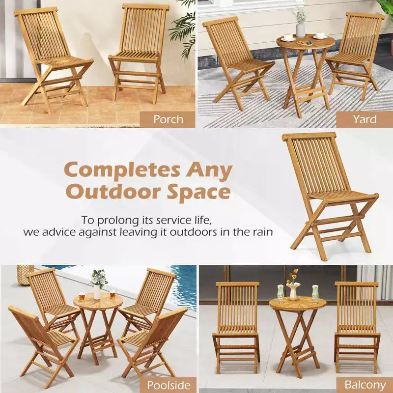 Costway 3 PCS Folding Patio Bistro Set Teak Wood Round Table and Chairs Furniture Set