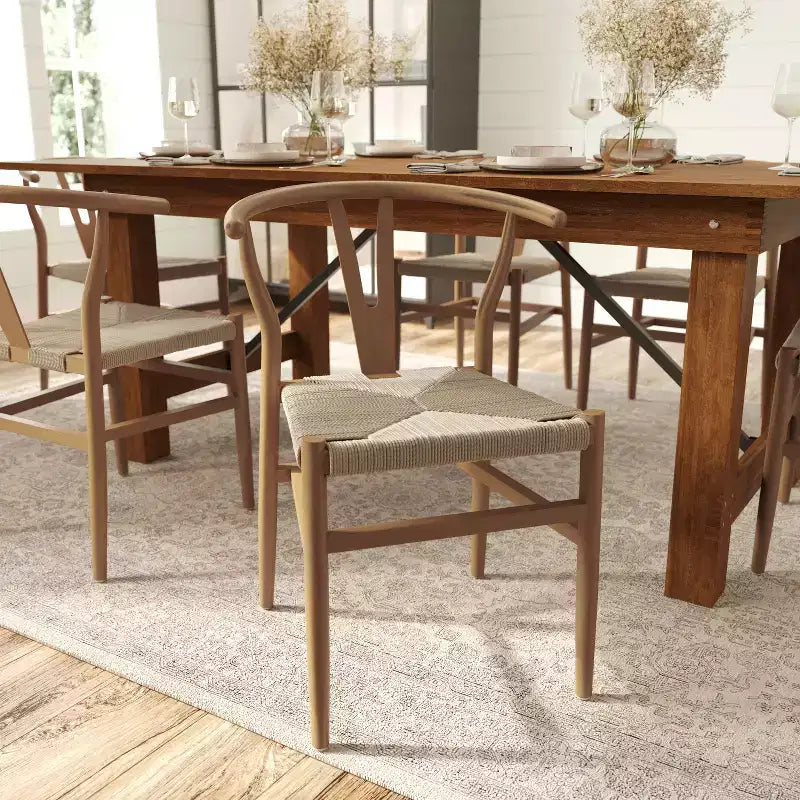 Merrick Lane Set of 2 Stack Dining Chairs with Y-Back Style Design, Solid Wood Frames, Woven Kraft Paper Rope Seats