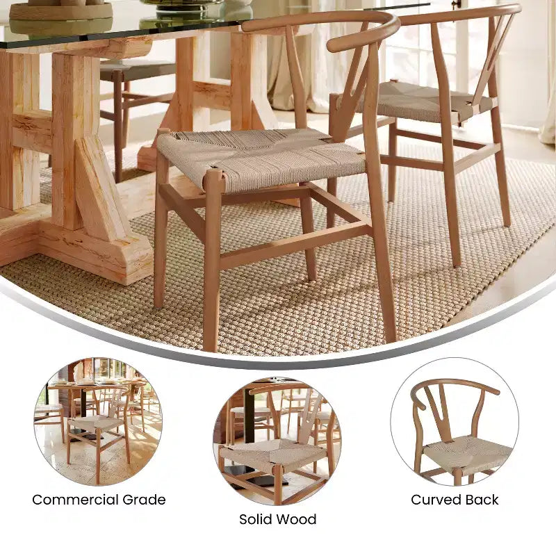 Merrick Lane Set of 2 Stack Dining Chairs with Y-Back Style Design, Solid Wood Frames, Woven Kraft Paper Rope Seats