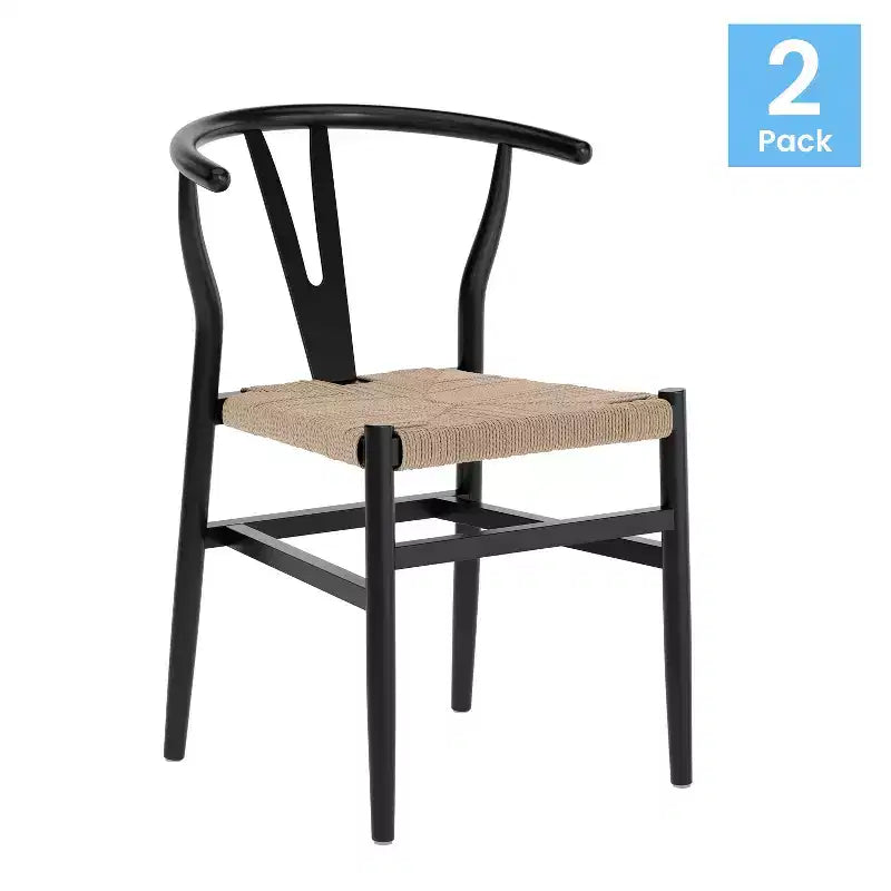 Merrick Lane Set of 2 Stack Dining Chairs with Y-Back Style Design, Solid Wood Frames, Woven Kraft Paper Rope Seats