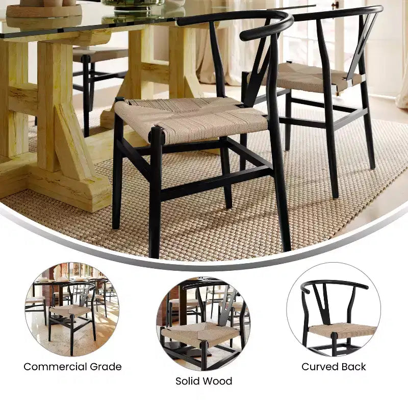 Merrick Lane Set of 2 Stack Dining Chairs with Y-Back Style Design, Solid Wood Frames, Woven Kraft Paper Rope Seats
