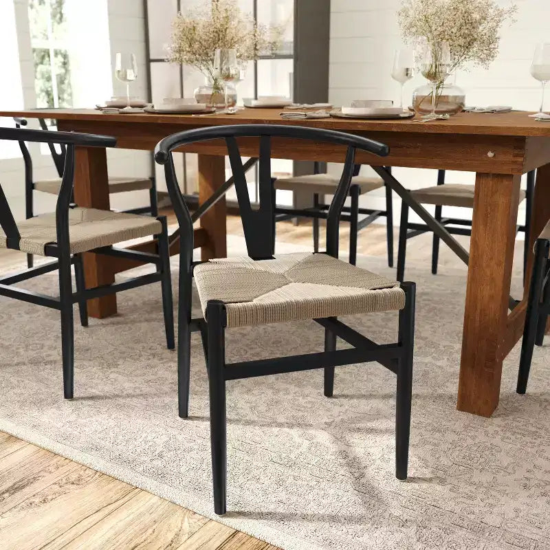 Merrick Lane Set of 2 Stack Dining Chairs with Y-Back Style Design, Solid Wood Frames, Woven Kraft Paper Rope Seats