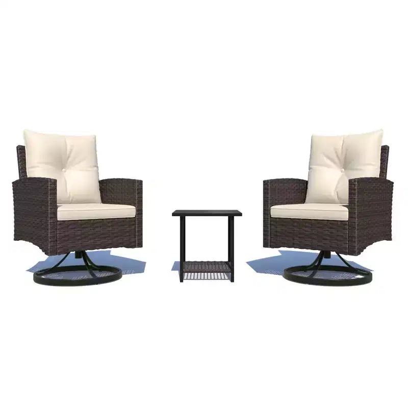 EROMMY 3-piece Outdoor Swivel Rocker Patio Chairs Set, Rattan Patio Bistro Set With 2 Rocking Chairs And 1 Coffee Table, Comfortable Cushions