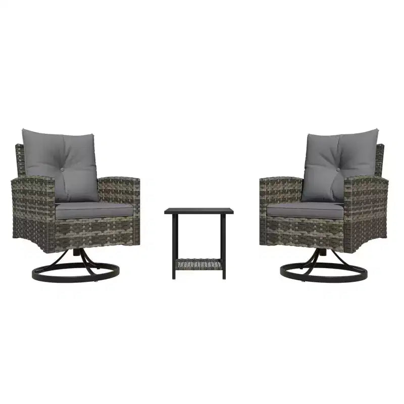 EROMMY 3-piece Outdoor Swivel Rocker Patio Chairs Set, Rattan Patio Bistro Set With 2 Rocking Chairs And 1 Coffee Table, Comfortable Cushions