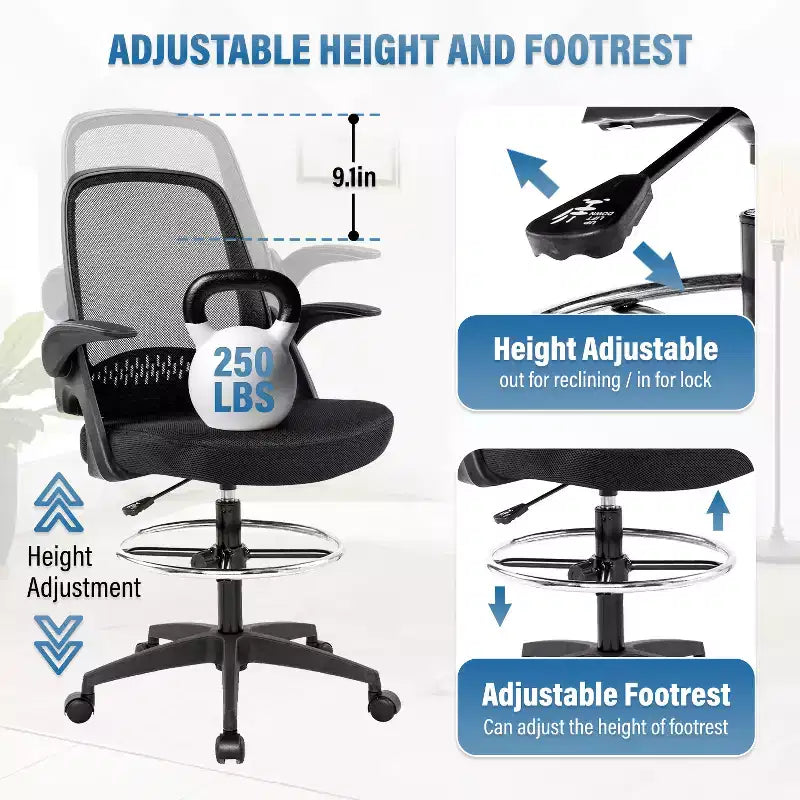 BestMassage Drafting Chair Tall Office Chair with Breathable Mesh Back and Lumbar Support, Black