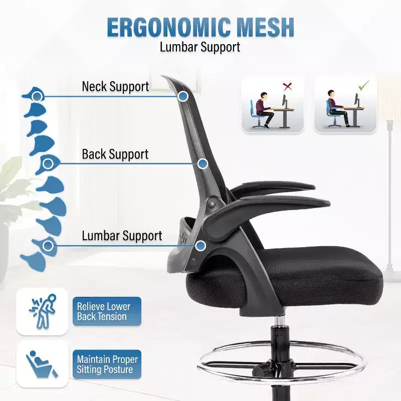 BestMassage Drafting Chair Tall Office Chair with Breathable Mesh Back and Lumbar Support, Black