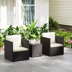 Outsunny 3 Piece Patio Furniture Set, Folding Outdoor Wicker Bistro Set with Cushions and Glass Coffee Table, Easy Assembly for Porch, Balcony, Brown