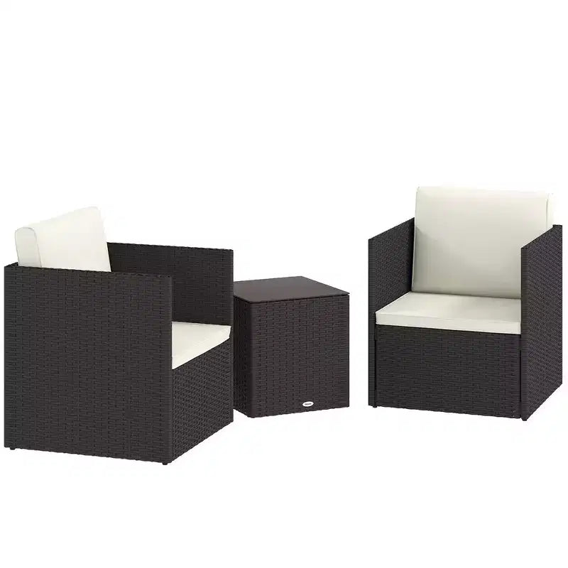 Outsunny 3 Piece Patio Furniture Set, Folding Outdoor Wicker Bistro Set with Cushions and Glass Coffee Table, Easy Assembly for Porch, Balcony, Brown