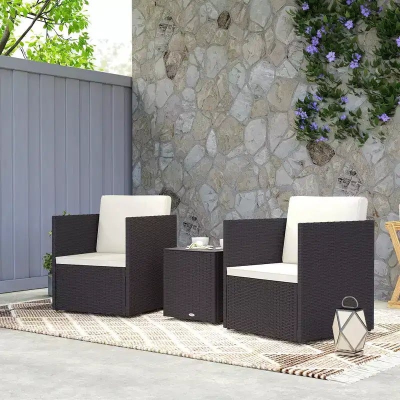 Outsunny 3 Piece Patio Furniture Set, Folding Outdoor Wicker Bistro Set with Cushions and Glass Coffee Table, Easy Assembly for Porch, Balcony, Brown