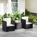 Outsunny 3 Piece Patio Furniture Set, Folding Outdoor Wicker Bistro Set with Cushions and Glass Coffee Table, Easy Assembly for Porch, Balcony, Black