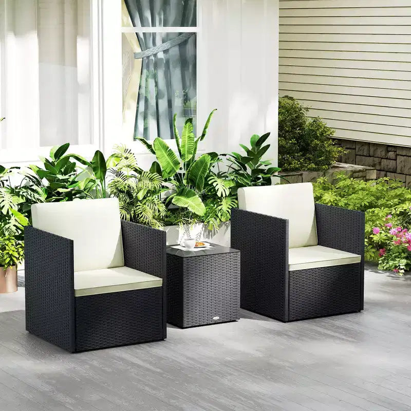 Outsunny 3 Piece Patio Furniture Set, Folding Outdoor Wicker Bistro Set with Cushions and Glass Coffee Table, Easy Assembly for Porch, Balcony, Black