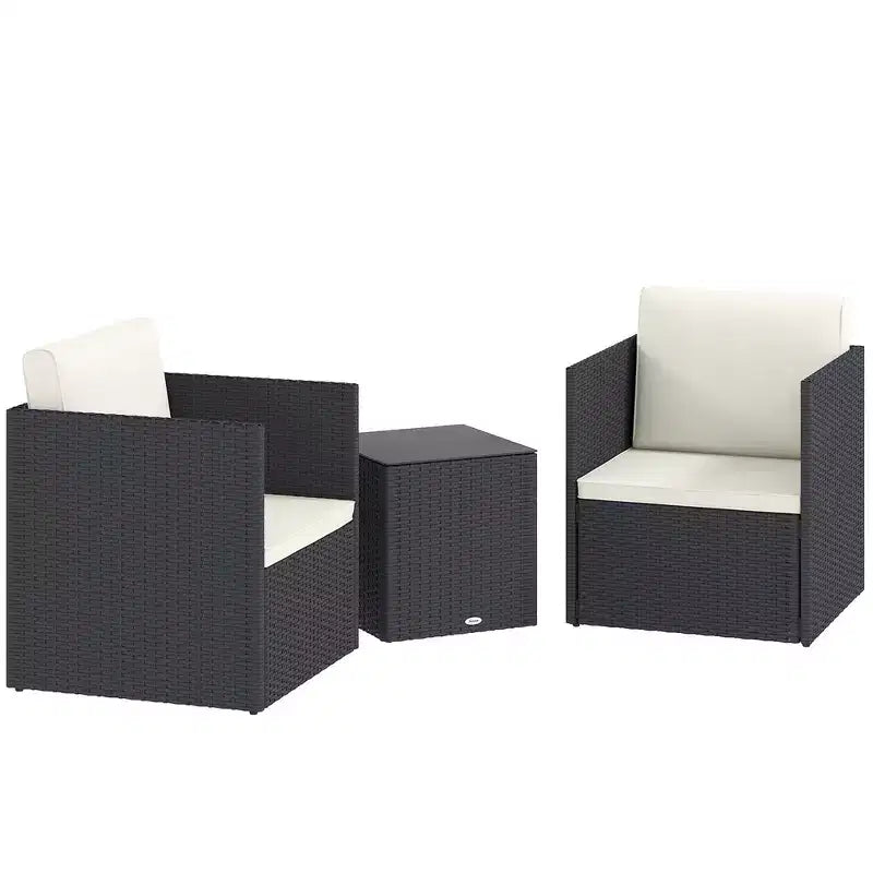 Outsunny 3 Piece Patio Furniture Set, Folding Outdoor Wicker Bistro Set with Cushions and Glass Coffee Table, Easy Assembly for Porch, Balcony, Black