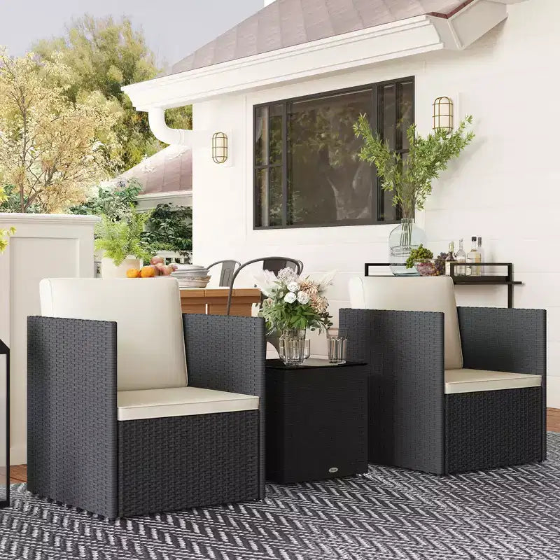 Outsunny 3 Piece Patio Furniture Set, Folding Outdoor Wicker Bistro Set with Cushions and Glass Coffee Table, Easy Assembly for Porch, Balcony, Black