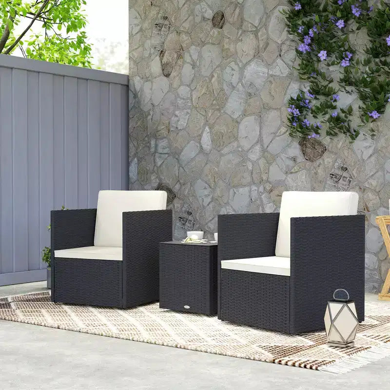 Outsunny 3 Piece Patio Furniture Set, Folding Outdoor Wicker Bistro Set with Cushions and Glass Coffee Table, Easy Assembly for Porch, Balcony, Black