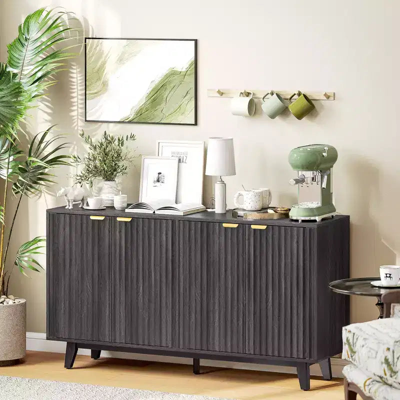 HOMCOM Fluted Buffet Cabinet with Storage, 55 Modern Sideboard Storage Cabinet with 4 Doors, 2 Adjustable Shelves and 5 Wood Legs