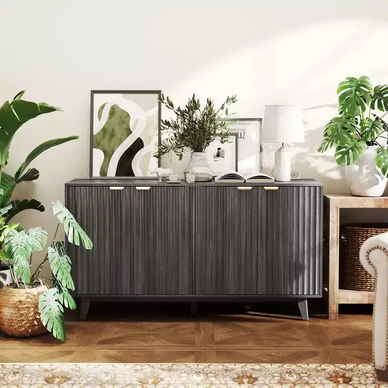 HOMCOM Fluted Buffet Cabinet with Storage, 55 Modern Sideboard Storage Cabinet with 4 Doors, 2 Adjustable Shelves and 5 Wood Legs