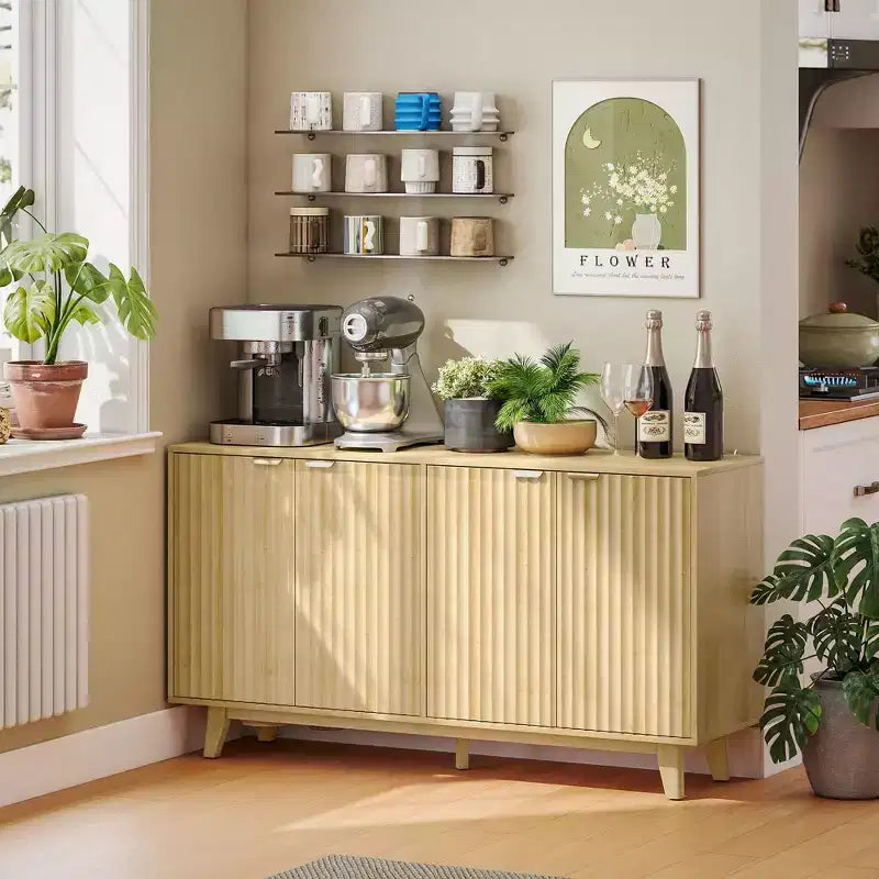 HOMCOM Fluted Buffet Cabinet with Storage, 55 Modern Sideboard Storage Cabinet with 4 Doors, 2 Adjustable Shelves and 5 Wood Legs