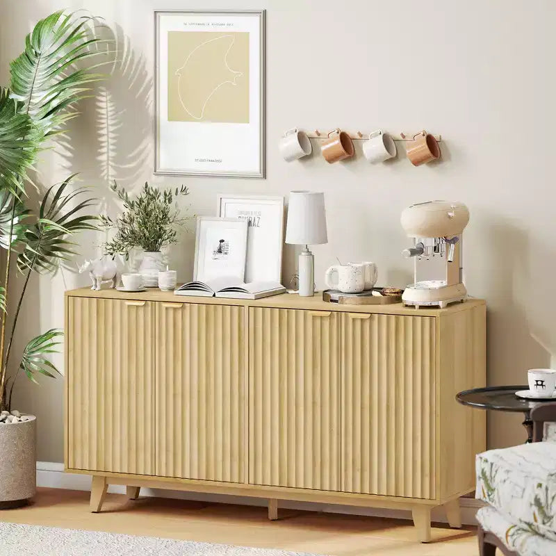 HOMCOM Fluted Buffet Cabinet with Storage, 55 Modern Sideboard Storage Cabinet with 4 Doors, 2 Adjustable Shelves and 5 Wood Legs
