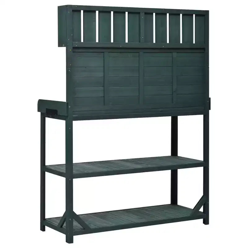 Whisen Large Rustic Farmhouse Wooden Potting Bench Table, Patio Workstation with Storage Shelves and Side Hook