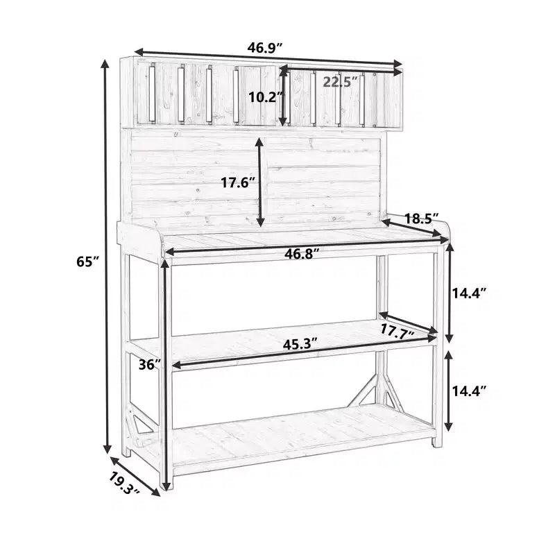 Whisen Large Rustic Farmhouse Wooden Potting Bench Table, Patio Workstation with Storage Shelves and Side Hook