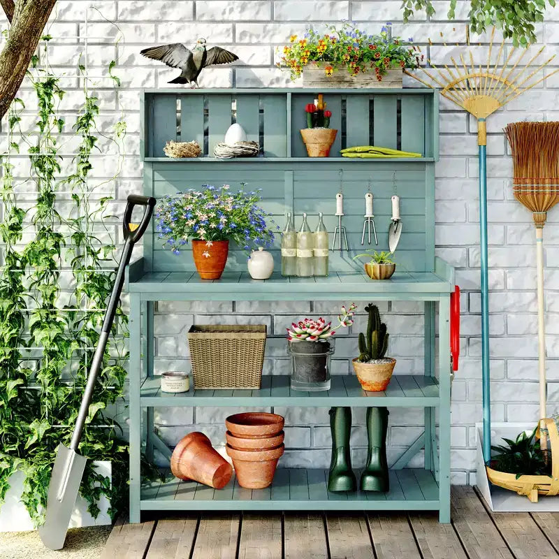 Whisen Large Rustic Farmhouse Wooden Potting Bench Table, Patio Workstation with Storage Shelves and Side Hook