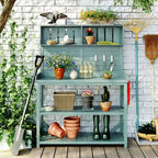 Whisen Large Rustic Farmhouse Wooden Potting Bench Table, Patio Workstation with Storage Shelves and Side Hook