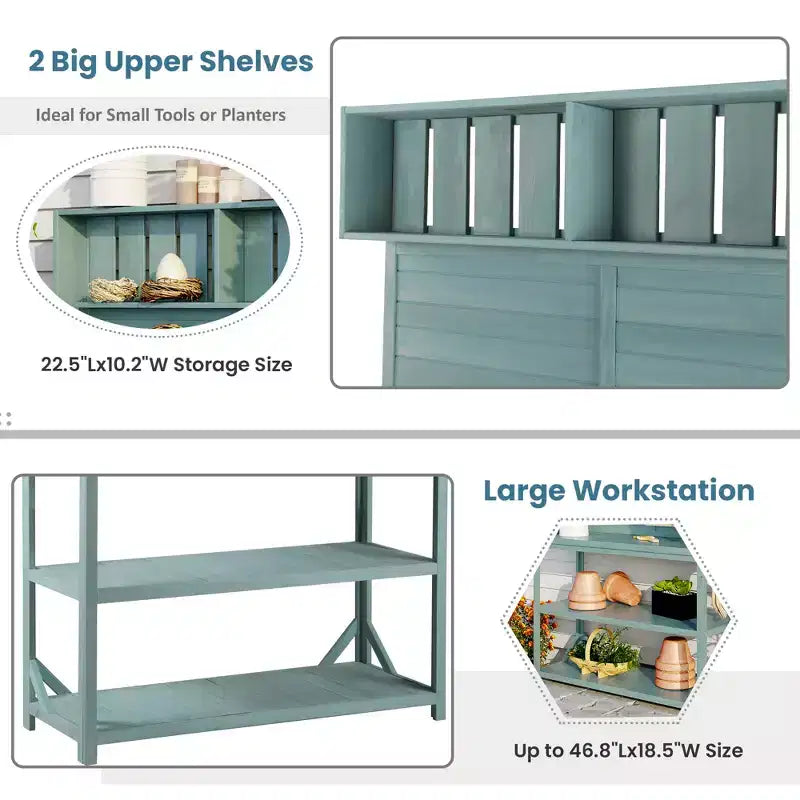 Whisen Large Rustic Farmhouse Wooden Potting Bench Table, Patio Workstation with Storage Shelves and Side Hook