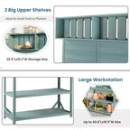 Whisen Large Rustic Farmhouse Wooden Potting Bench Table, Patio Workstation with Storage Shelves and Side Hook