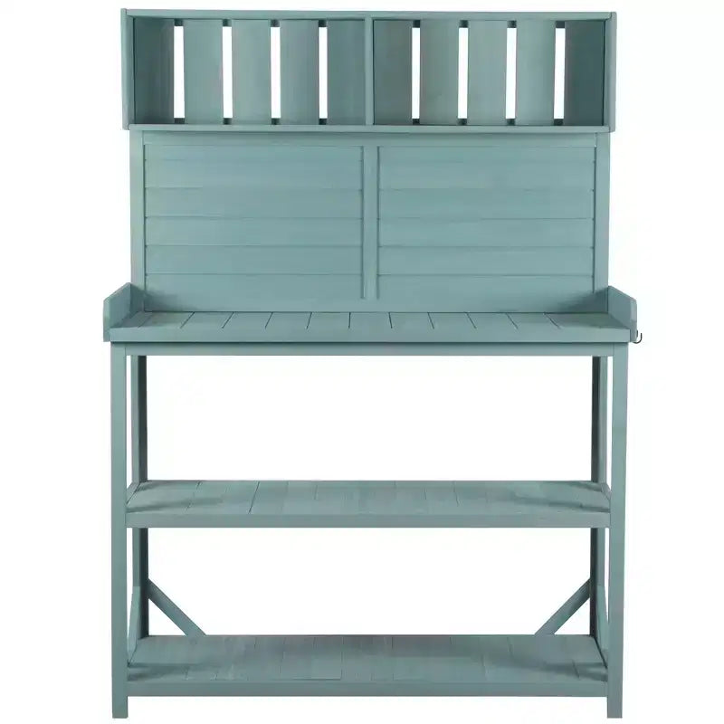 Whisen Large Rustic Farmhouse Wooden Potting Bench Table, Patio Workstation with Storage Shelves and Side Hook
