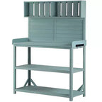 Whisen Large Rustic Farmhouse Wooden Potting Bench Table, Patio Workstation with Storage Shelves and Side Hook