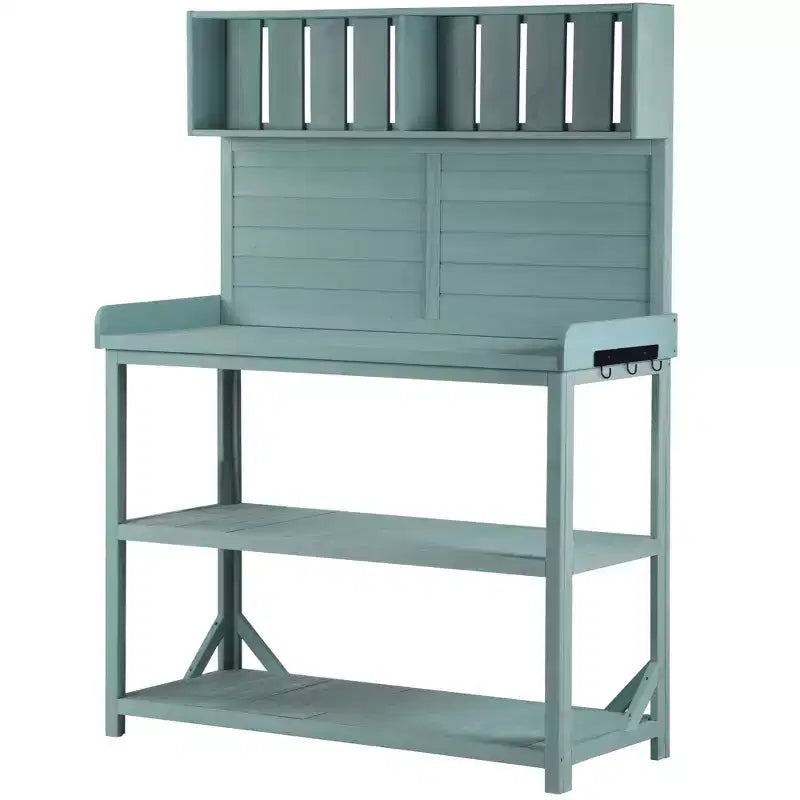 Whisen Large Rustic Farmhouse Wooden Potting Bench Table, Patio Workstation with Storage Shelves and Side Hook