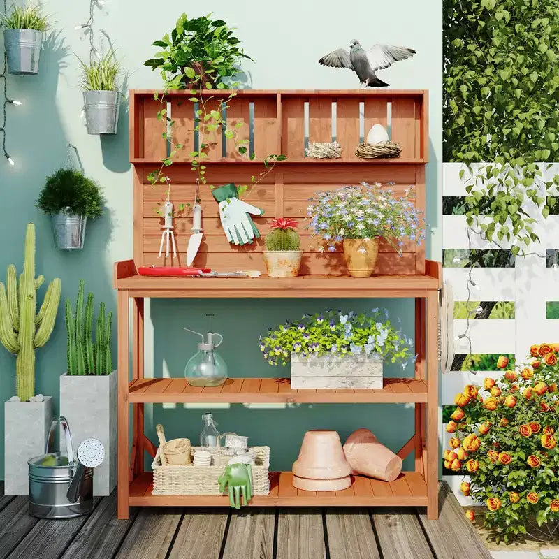 Whisen Large Rustic Farmhouse Wooden Potting Bench Table, Patio Workstation with Storage Shelves and Side Hook