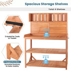 Whisen Large Rustic Farmhouse Wooden Potting Bench Table, Patio Workstation with Storage Shelves and Side Hook