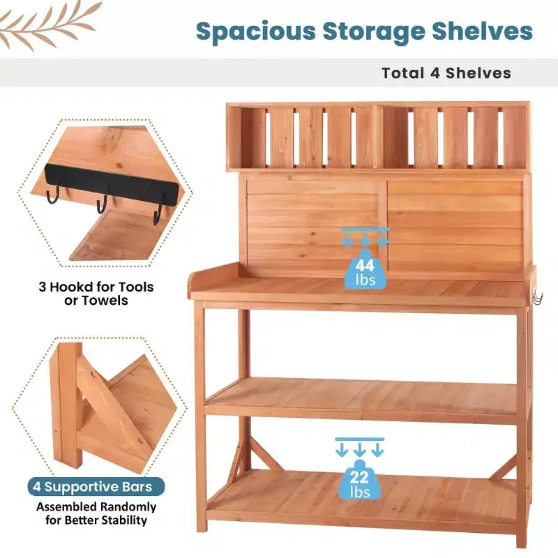 Whisen Large Rustic Farmhouse Wooden Potting Bench Table, Patio Workstation with Storage Shelves and Side Hook