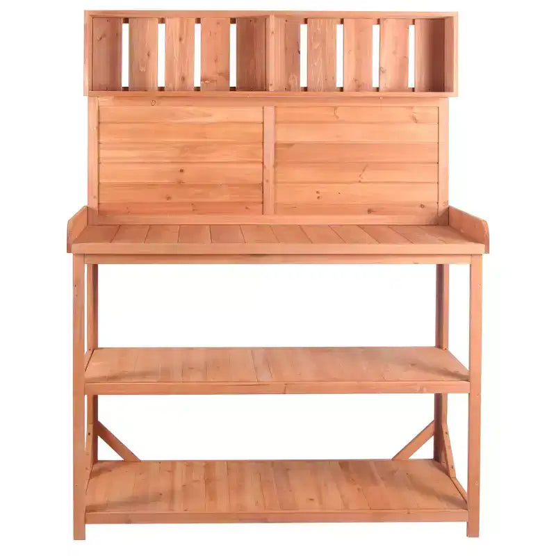 Whisen Large Rustic Farmhouse Wooden Potting Bench Table, Patio Workstation with Storage Shelves and Side Hook