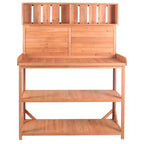 Whisen Large Rustic Farmhouse Wooden Potting Bench Table, Patio Workstation with Storage Shelves and Side Hook