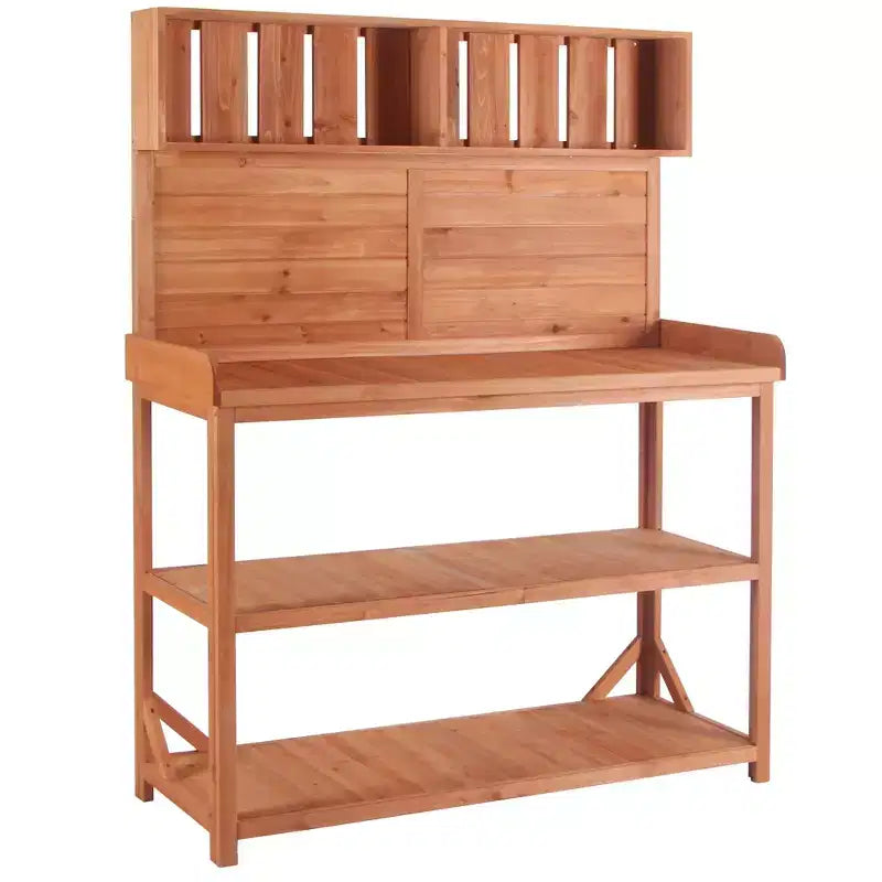 Whisen Large Rustic Farmhouse Wooden Potting Bench Table, Patio Workstation with Storage Shelves and Side Hook
