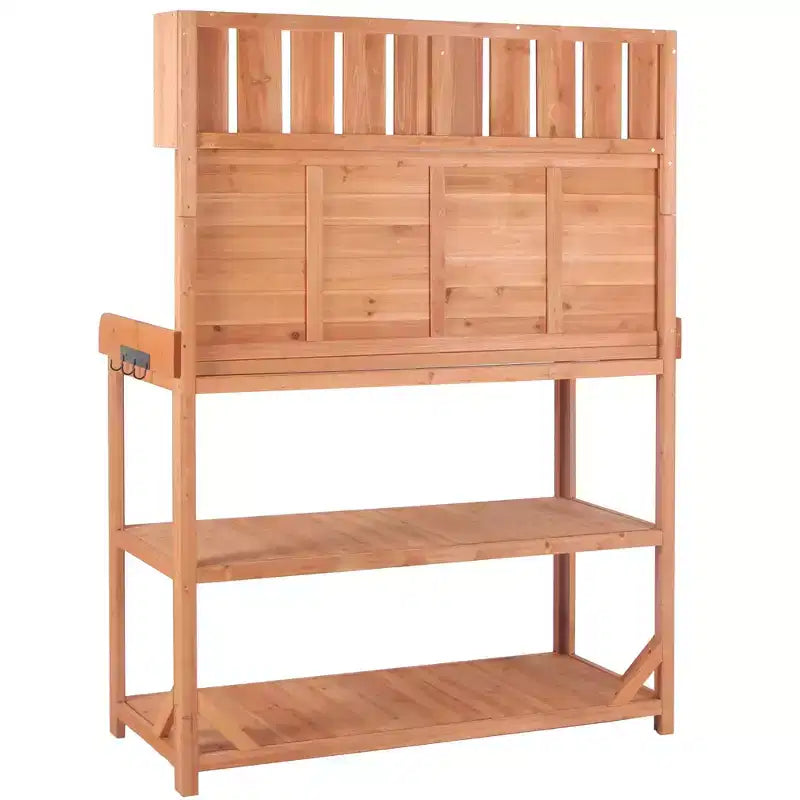 Whisen Large Rustic Farmhouse Wooden Potting Bench Table, Patio Workstation with Storage Shelves and Side Hook