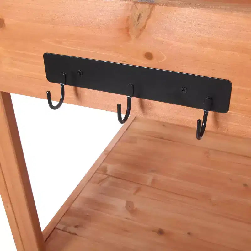 Whisen Large Rustic Farmhouse Wooden Potting Bench Table, Patio Workstation with Storage Shelves and Side Hook