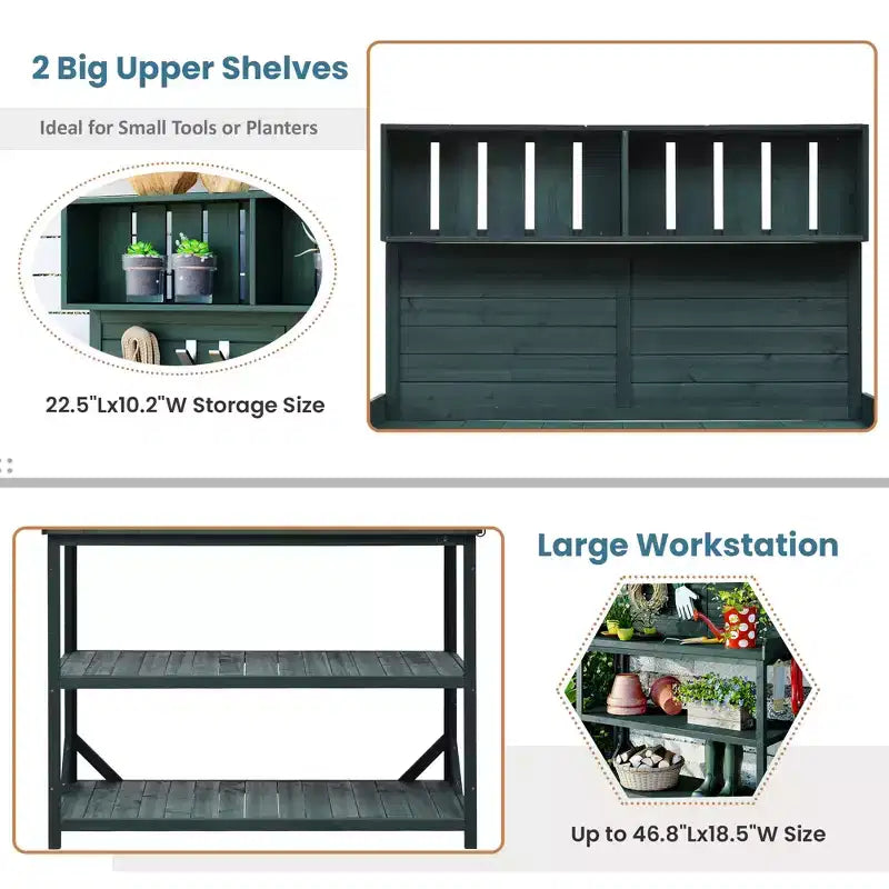 Whisen Large Rustic Farmhouse Wooden Potting Bench Table, Patio Workstation with Storage Shelves and Side Hook