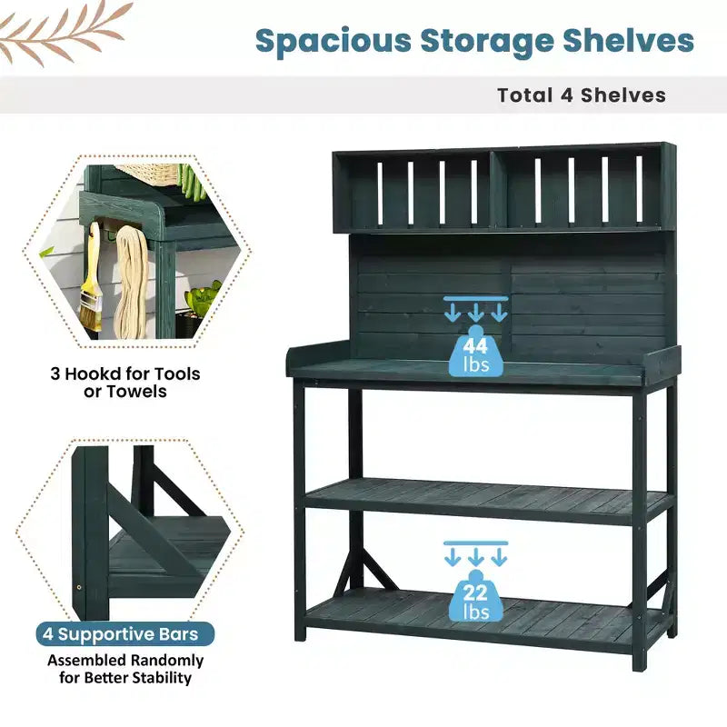 Whisen Large Rustic Farmhouse Wooden Potting Bench Table, Patio Workstation with Storage Shelves and Side Hook
