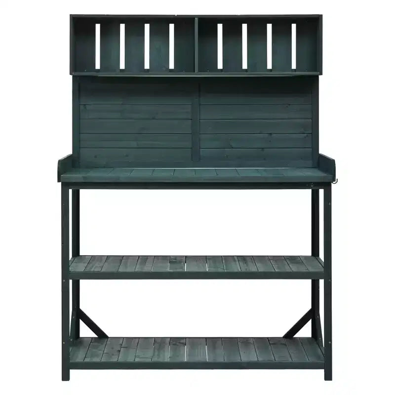 Whisen Large Rustic Farmhouse Wooden Potting Bench Table, Patio Workstation with Storage Shelves and Side Hook