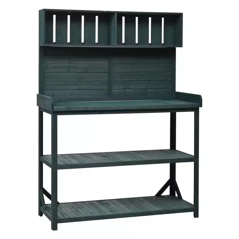 Whisen Large Rustic Farmhouse Wooden Potting Bench Table, Patio Workstation with Storage Shelves and Side Hook
