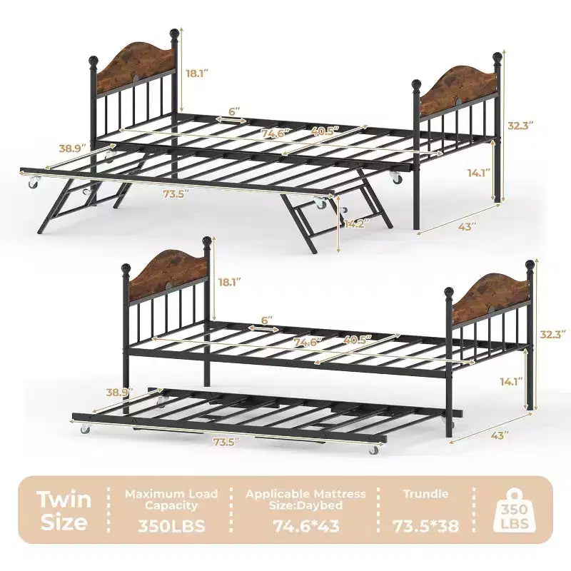 Twin Daybed with Trundle  Stylish Metal Sofa Bed Frame, Pop-Up Trundle, Perfect for Any Space